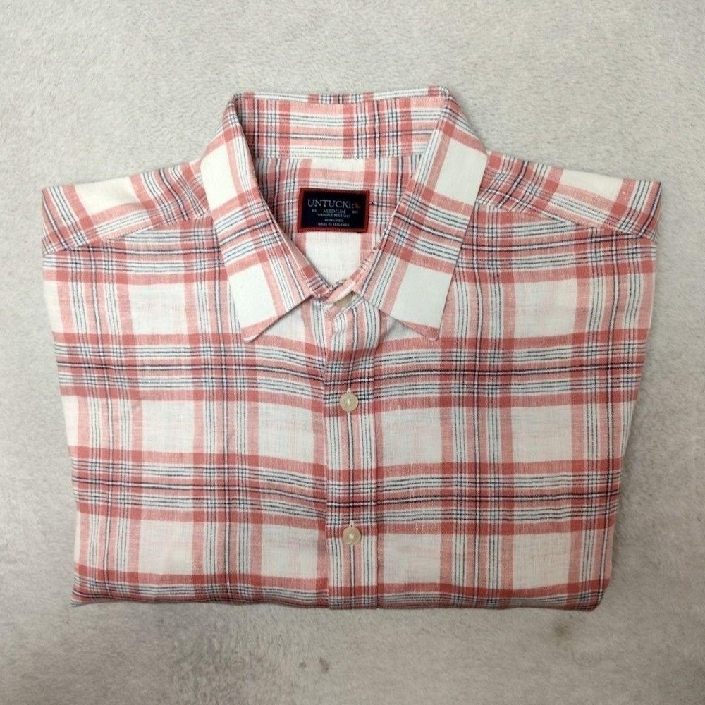UNTUCKit Shirt Mens M Red Plaid Button-Up Linen Wrinkle Resistant Campanha Work